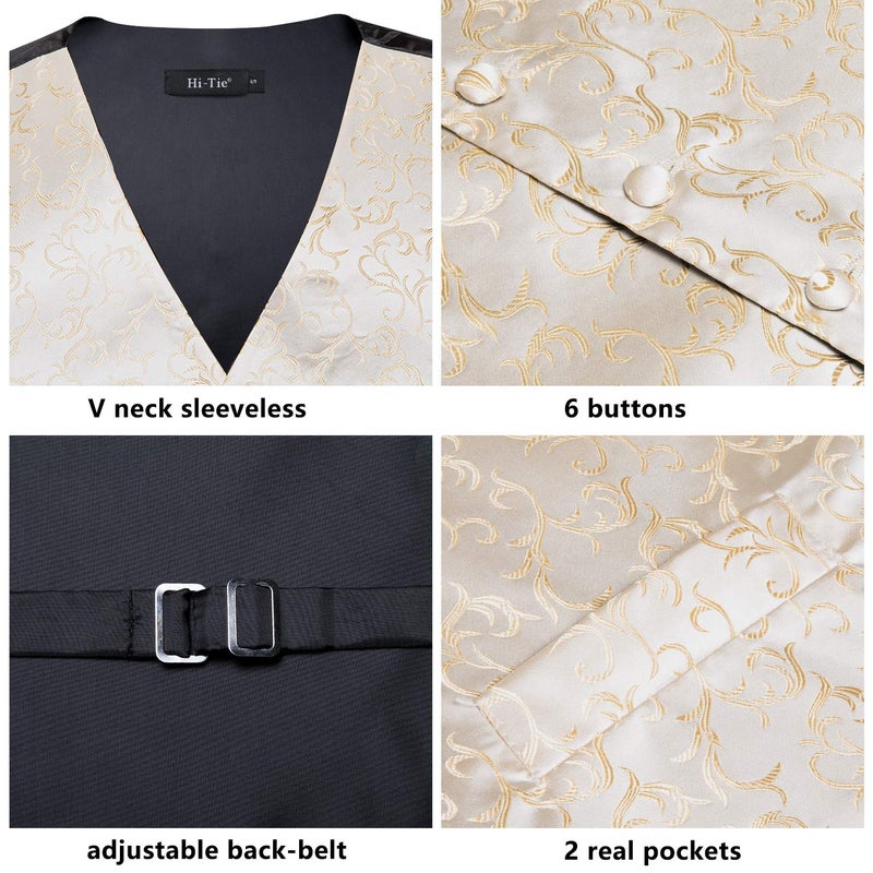 Hi-Tie Silk Floral Champagne Suit Vests Set for Mens Necktie Jacquard Formal Dress Waistcoat for Tuxedo Wedding Party Business - Image 4
